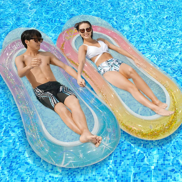 PVC Inflatable Pool Float Lounger with Mesh Glitter Sequins Design Portable Foldable Beach Chair - Orange+Pink - 3