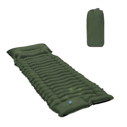 Outdoor Foot Pump Inflatable Sleeping Pad Portable Camping Mattress with Built-in Pillow Waterproof - Olive Green - 1