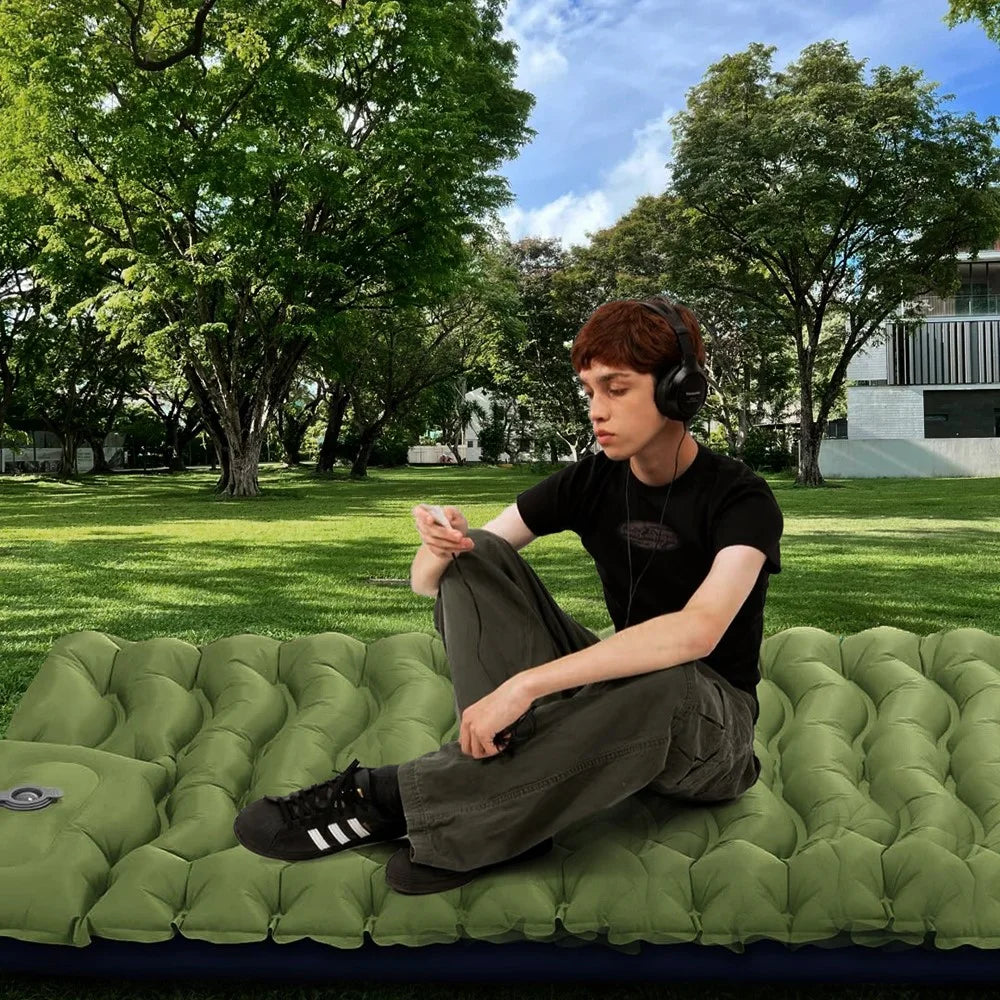 Outdoor Foot Pump Inflatable Sleeping Pad Portable Camping Mattress with Built-in Pillow Waterproof - Olive Green - 2