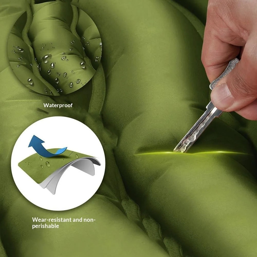 Outdoor Foot Pump Inflatable Sleeping Pad Portable Camping Mattress with Built-in Pillow Waterproof - Olive Green - 3