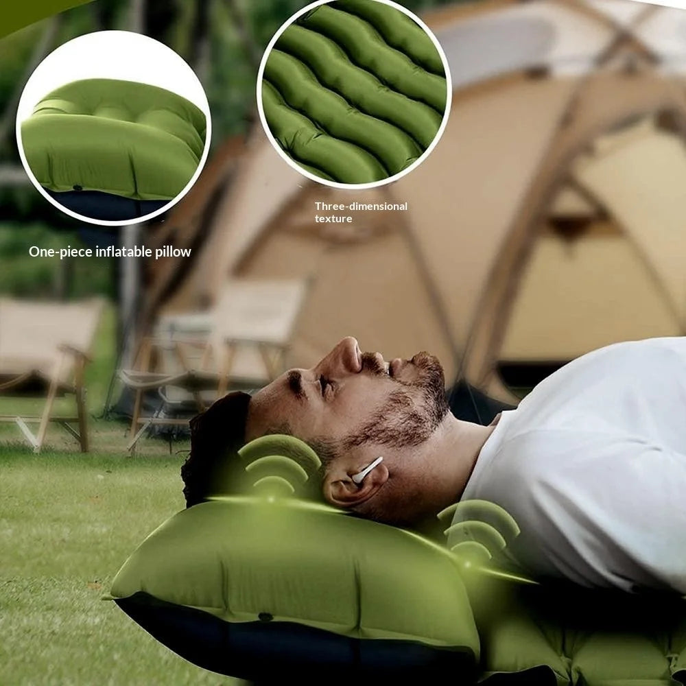 Outdoor Foot Pump Inflatable Sleeping Pad Portable Camping Mattress with Built-in Pillow Waterproof - Olive Green - 4