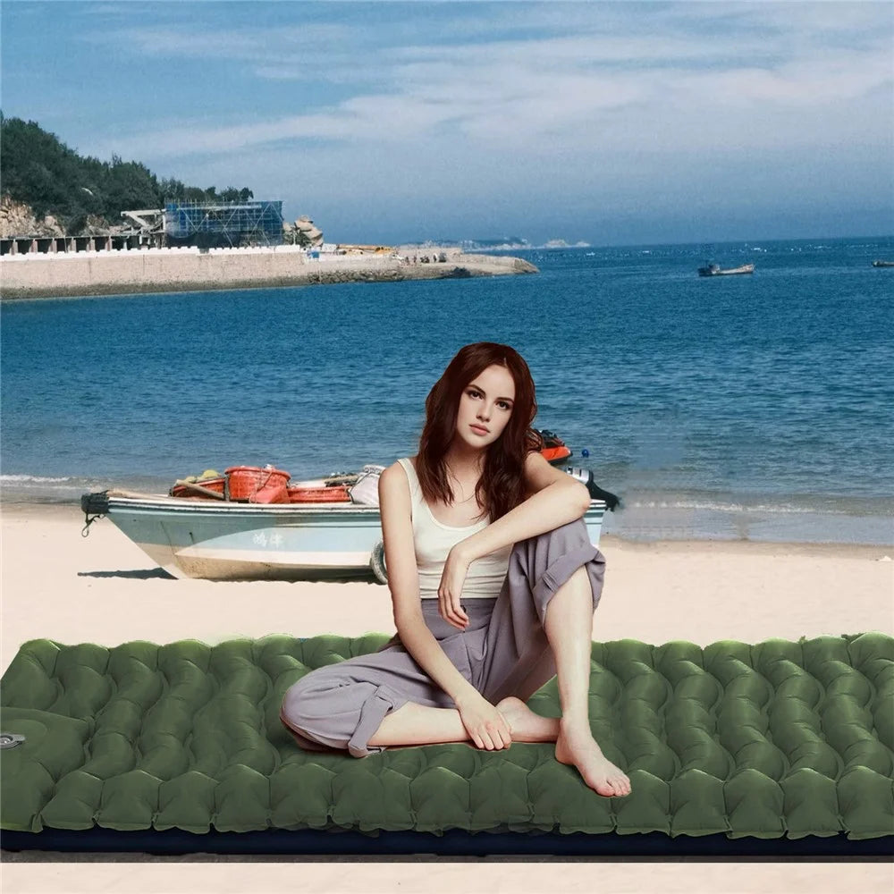 Outdoor Foot Pump Inflatable Sleeping Pad Portable Camping Mattress with Built-in Pillow Waterproof - Olive Green - 5