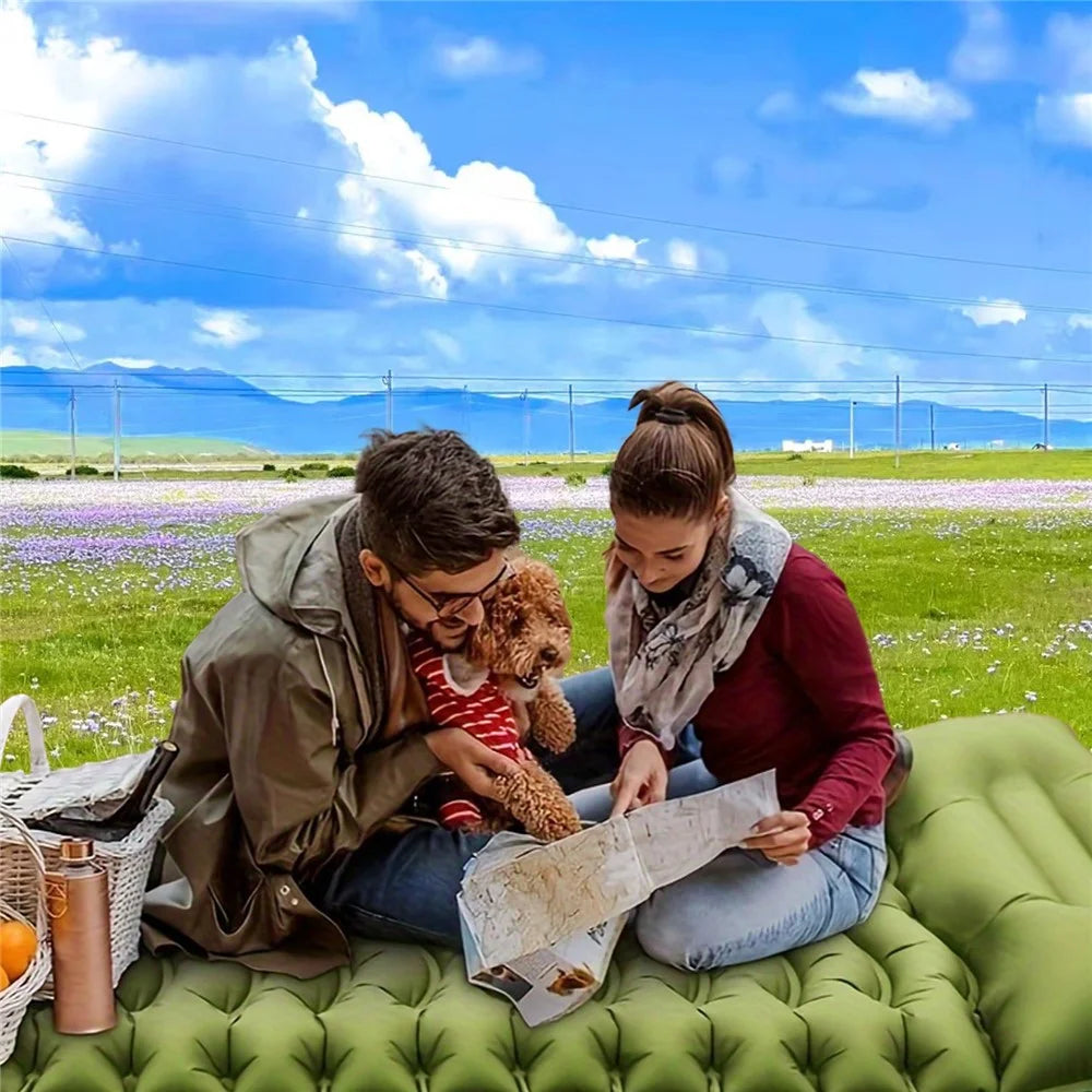 Outdoor Foot Pump Inflatable Sleeping Pad Portable Camping Mattress with Built-in Pillow Waterproof - Olive Green - 6