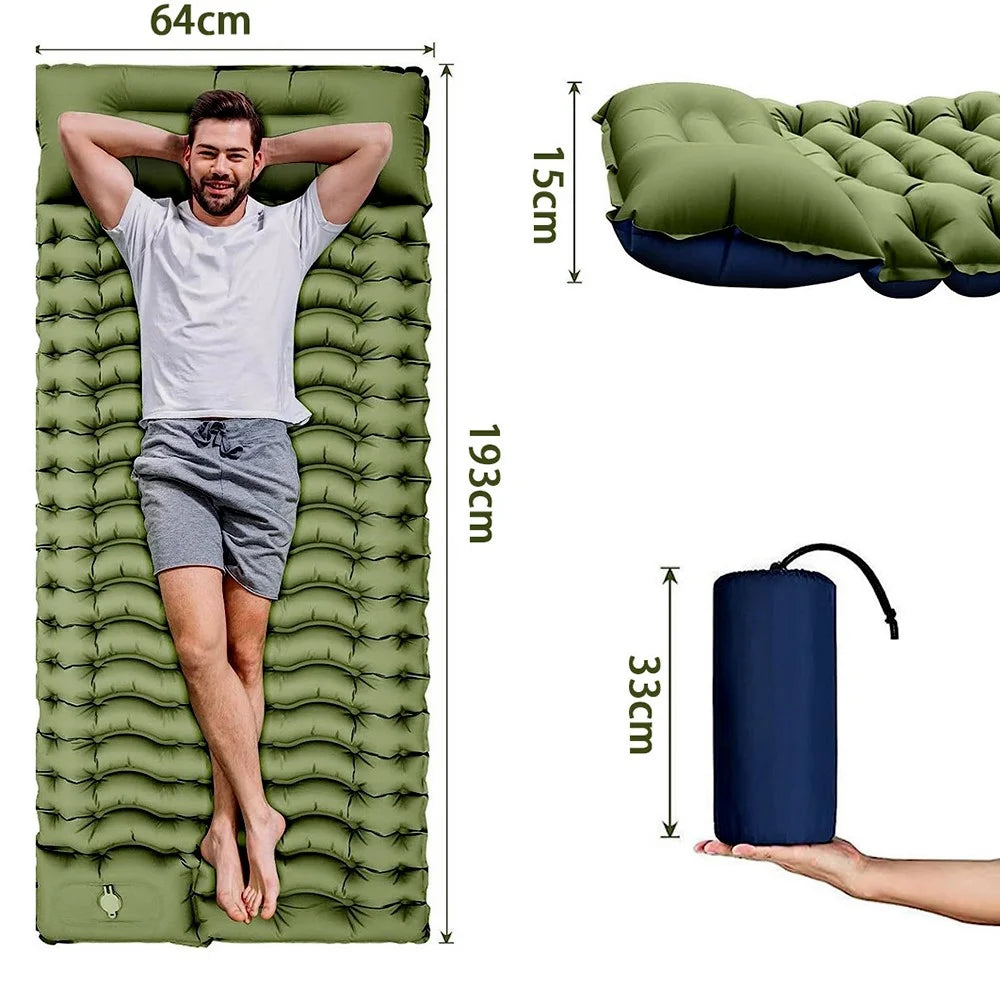 Outdoor Foot Pump Inflatable Sleeping Pad Portable Camping Mattress with Built-in Pillow Waterproof - Olive Green - 7