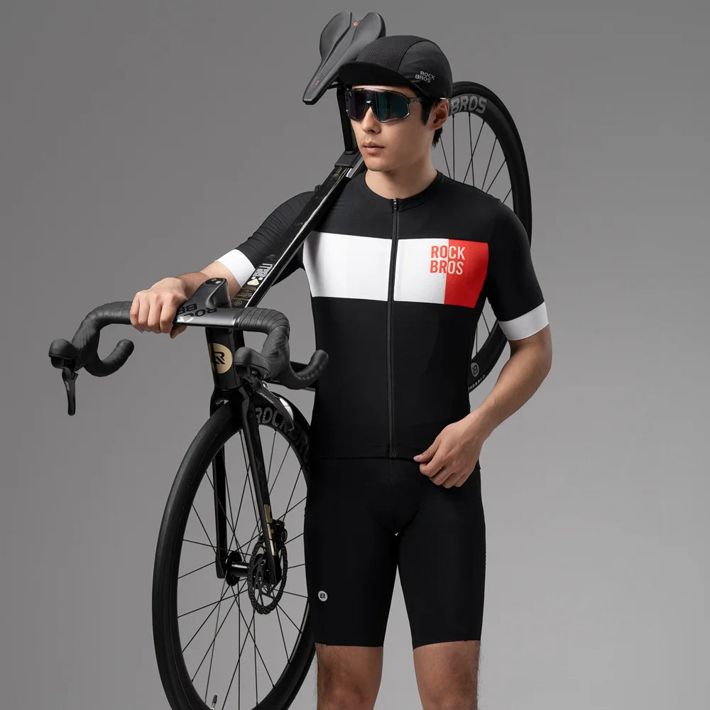 ROCKBROS Men Cycling Jersey Moisture Wicking Summer Short Sleeve Zipper Top for Mountain Road Bike - Black/S/European Size - 6