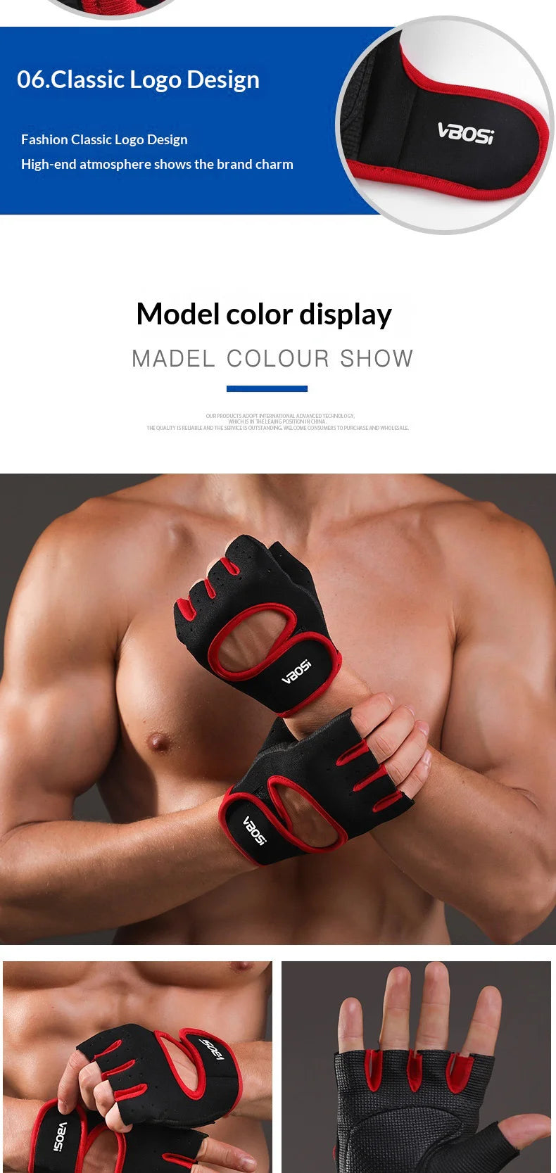 VBOSI 9308V Workout Gloves Half Finger Anti-Slip Gym Gloves Magic Tape Wrist Support for Fitness Cycling - M Black - 6