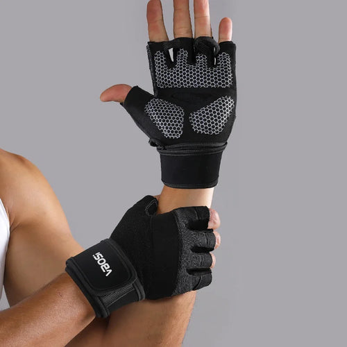 VBOSI 7104V 1 Pair Gym Gloves Anti-Slip Half Finger Compression Workout Gloves with Gel Padding for Fitness Training - Black/M - 1
