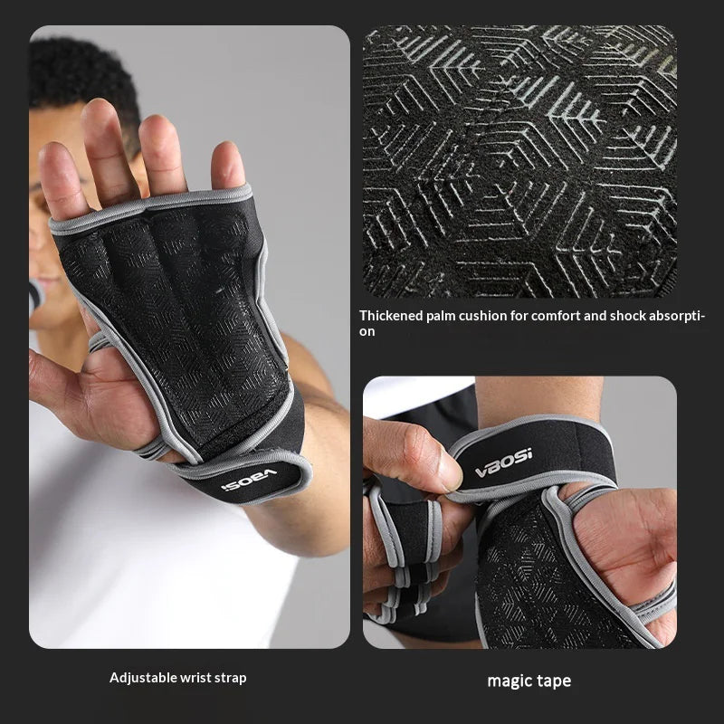 VBOSI 1304V 1 Pair Half Finger Fitness Gloves Weightlifting Training Wrist Support Padded Grips for Gym Workout - Black/M - 5