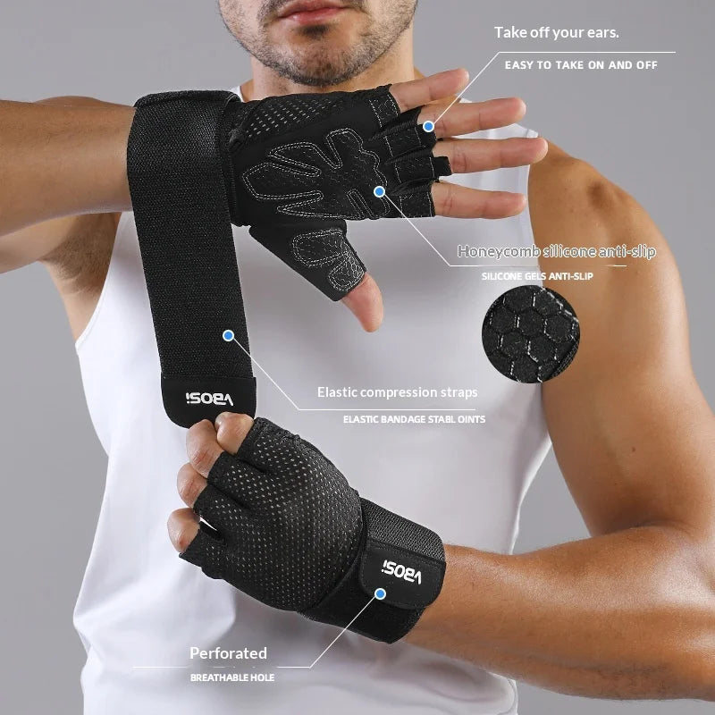 VBOSI 5104V Workout Gloves with Compression Wrist Strap Half Finger Gym Gloves for Weightlifting Cycling - Black/M - 5