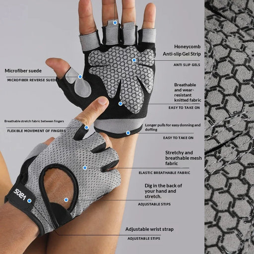 VBOSI 0204V Half Finger Gloves Anti-Slip Shock Absorbing Breathable Mesh Mittens for Climbing Fitness Cycling - Black/M - 2