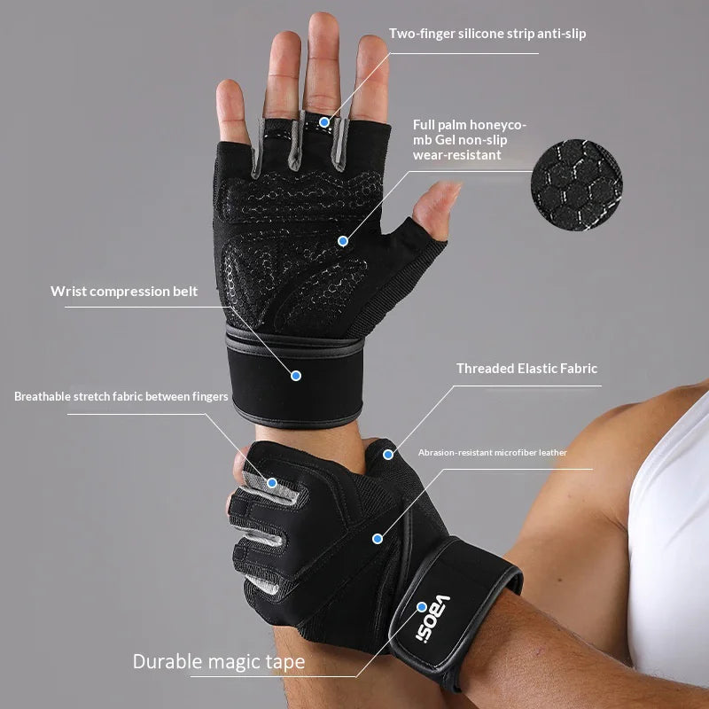 VBOSI 6104V Fitness Gloves Half Finger Workout Training Gloves with  Compression Wrist Strap for Weightlifting Gym - Black/M - 5