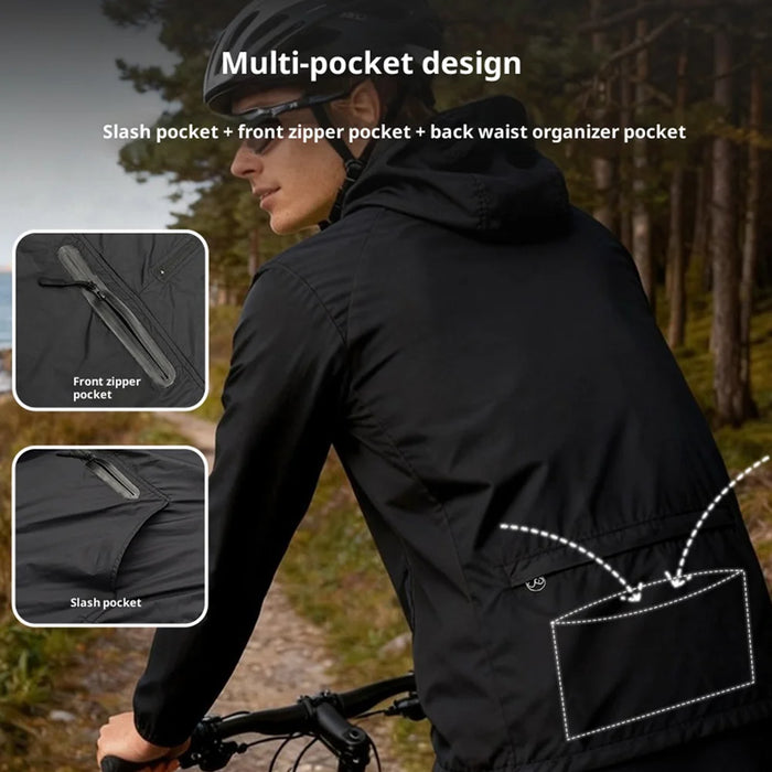 WOSAWE Cycling Jacket Lightweight Waterproof Multi-Pocket Hooded Coat for Road Bike Riding - BL245/B Black | Asian L / European M - 6