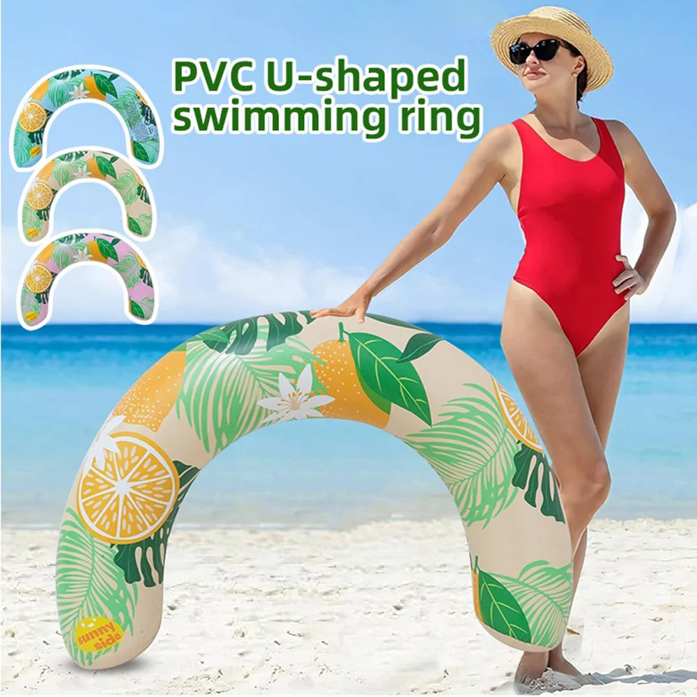 Adult U-Shaped Swimming Ring Lemon Print Inflatable Pool Float Arm Support for Swimming Pool - Green - 2