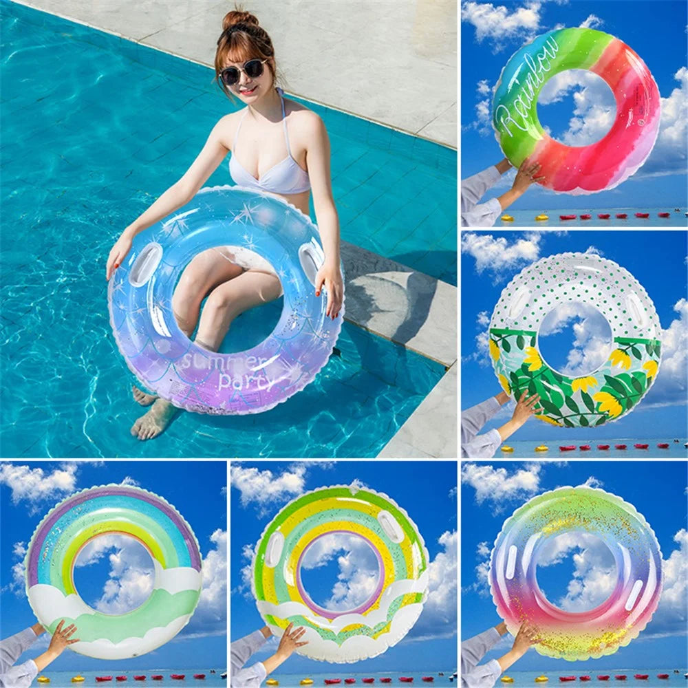 YX-001 Adult Swimming Ring Stylish Inflatable Outdoor Pool PVC Float Swimming Ring with Handle, Size: 90# - Sequin Starry Sky - 5