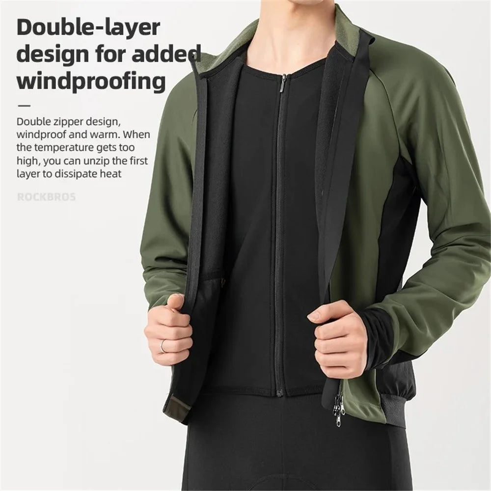 ROCKBROS 15300006 Men Cycling Jacket Winter Thermal Fleece Coat Long Sleeve Outerwear - Green / S - 2
