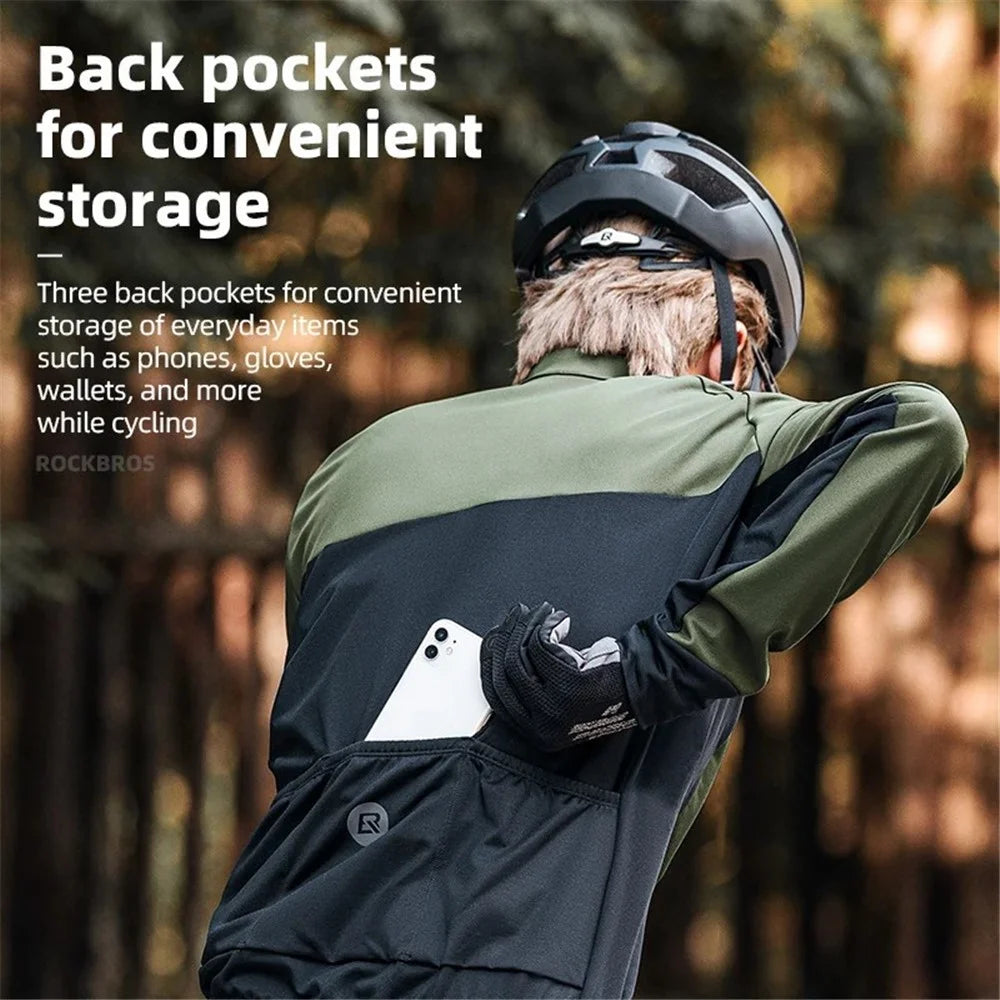 ROCKBROS 15300006 Men Cycling Jacket Winter Thermal Fleece Coat Long Sleeve Outerwear - Green / S - 3