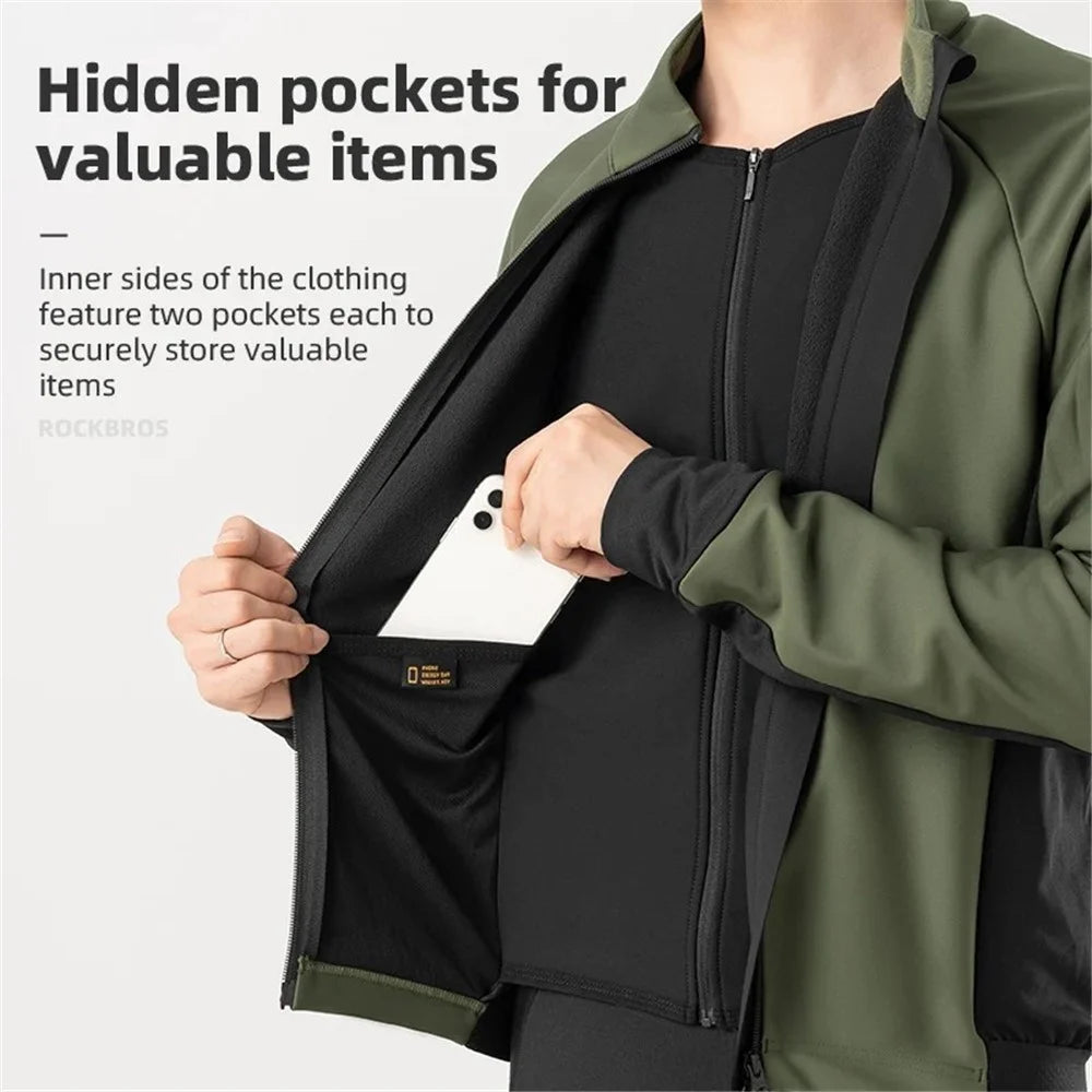 ROCKBROS 15300006 Men Cycling Jacket Winter Thermal Fleece Coat Long Sleeve Outerwear - Green / S - 4