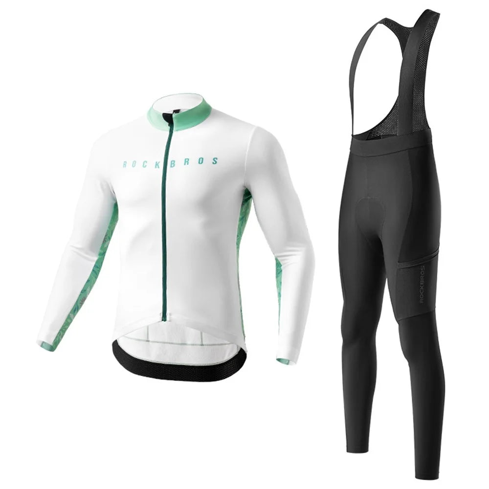 ROCKBROS Cycling Clothing Sets Long Sleeve Top Cycling Jersey Bike Outfit Bib Pants Built-In Foam Padded, Shoulder Strap Type - Men / White / M - 1