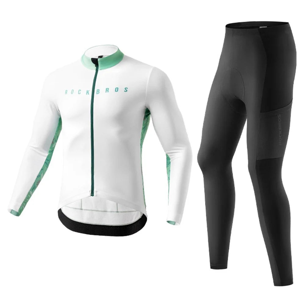 ROCKBROS Cycling Clothing Sets with Long Sleeve Top, Bottom Cycling Jersey Bike Bib Pants with Foam Padded - Men / White / M - 1
