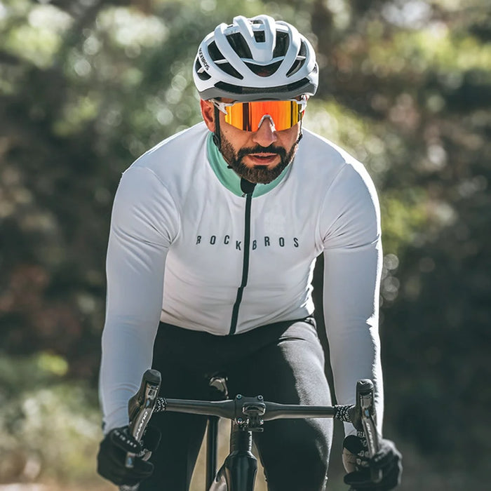 ROCKBROS Cycling Clothing Sets with Long Sleeve Top, Bottom Cycling Jersey Bike Bib Pants with Foam Padded - Men / White / M - 3