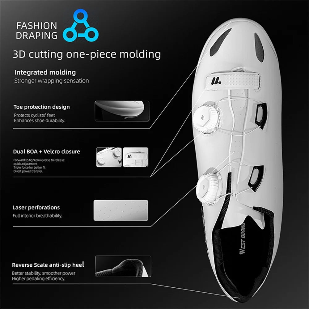 WEST BIKING YP0709059 MTB Road Bike Microfiber Carbon Fiber Cycling Shoes Dual Rotary Buckle Lock Shoes - White / Size 36 - 4