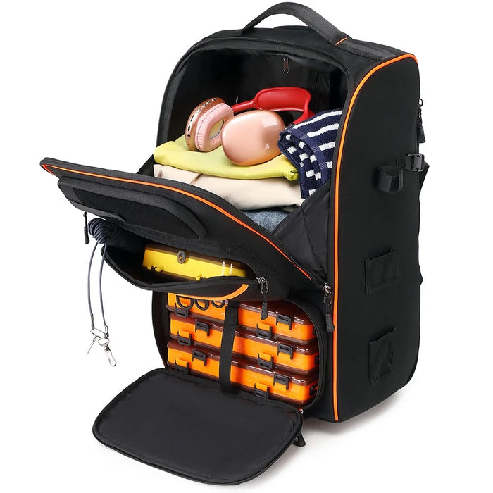 10016 Outdoor Fishing Lure Backpack Waterproof Nylon Large Capacity Rod Tackle Storage Bag with Trolley - Black - 3