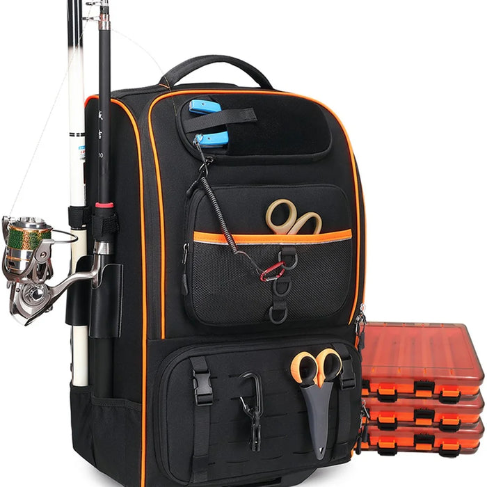 10016 Outdoor Fishing Lure Backpack Waterproof Nylon Large Capacity Rod Tackle Storage Bag with Trolley - Black - 4