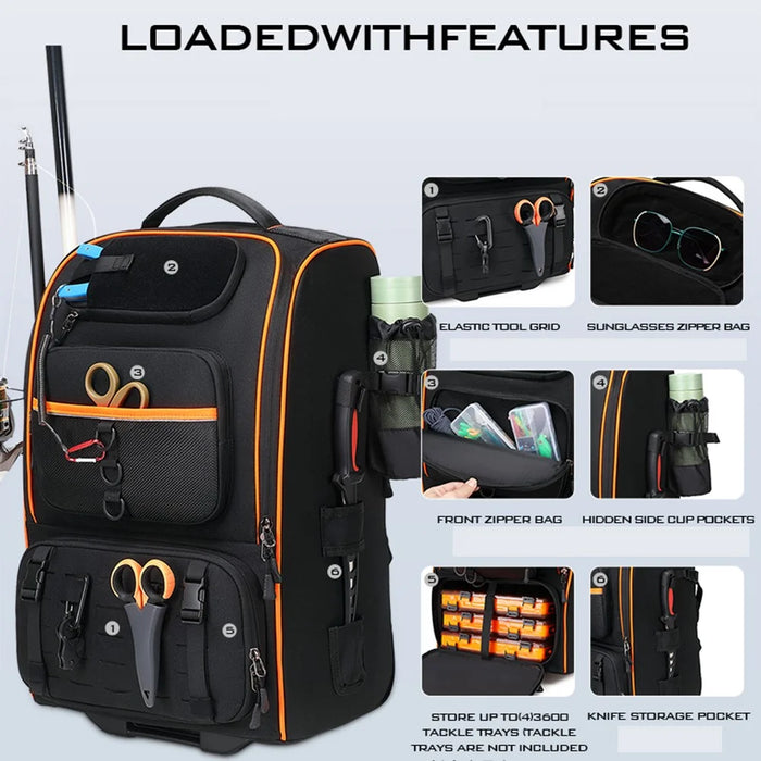 10016 Outdoor Fishing Lure Backpack Waterproof Nylon Large Capacity Rod Tackle Storage Bag with Trolley - Black - 5