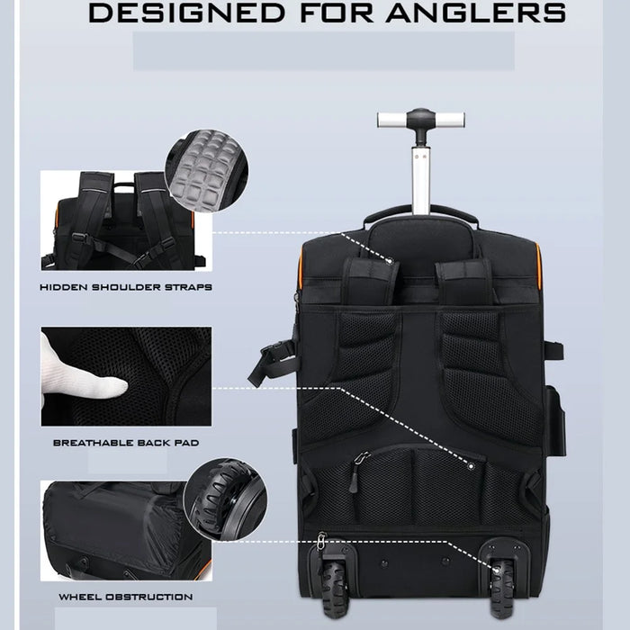 10016 Outdoor Fishing Lure Backpack Waterproof Nylon Large Capacity Rod Tackle Storage Bag with Trolley - Black - 6