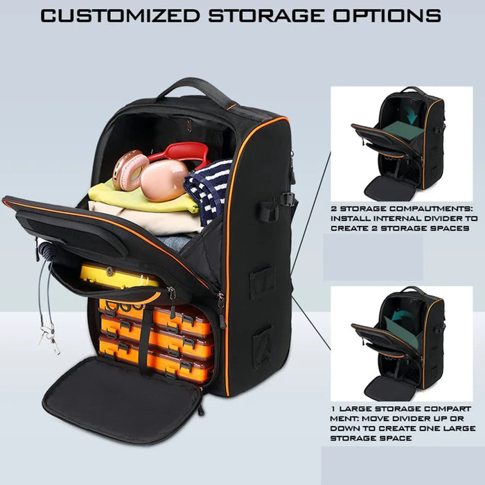 10016 Outdoor Fishing Lure Backpack Waterproof Nylon Large Capacity Rod Tackle Storage Bag with Trolley - Black - 7