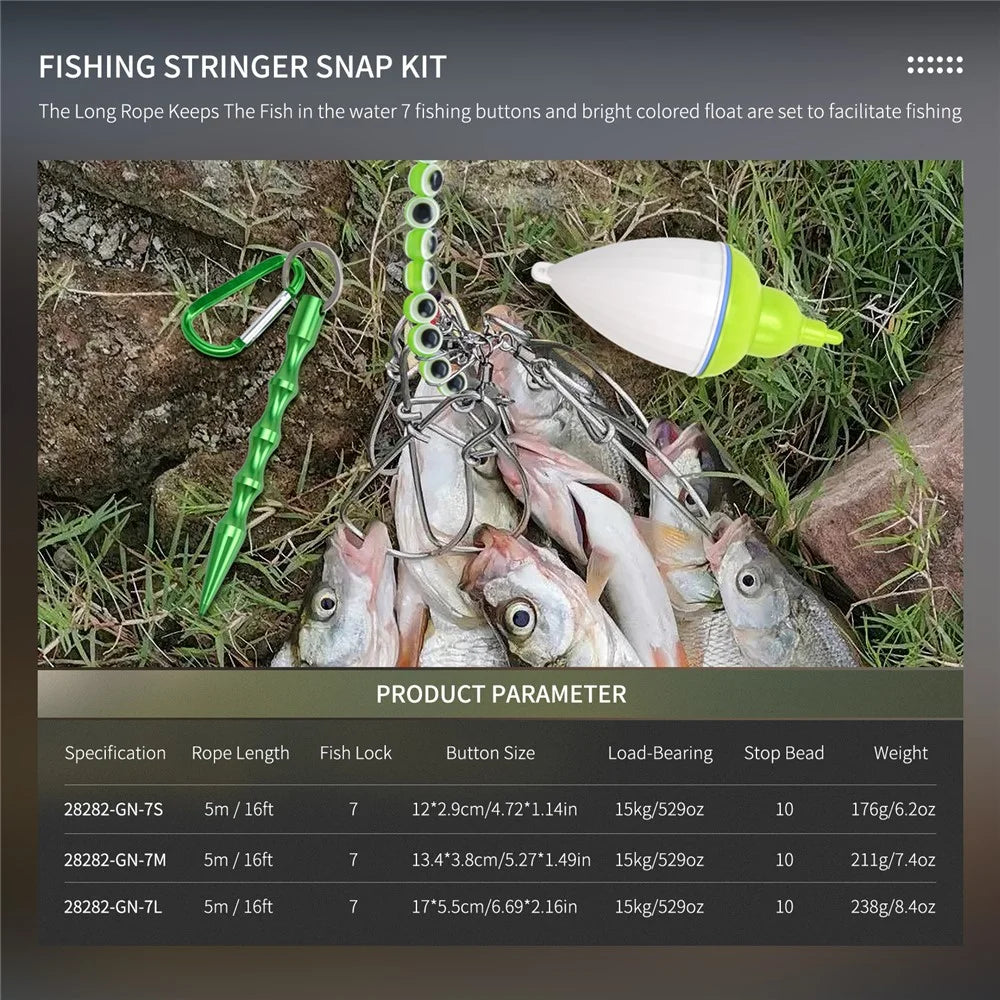 LEO 28282 Stainless Steel  Fish Buckle Lock Fishing Stringer Clip with 7pcs Snaps Fishing Holder Kit - Size L - 3