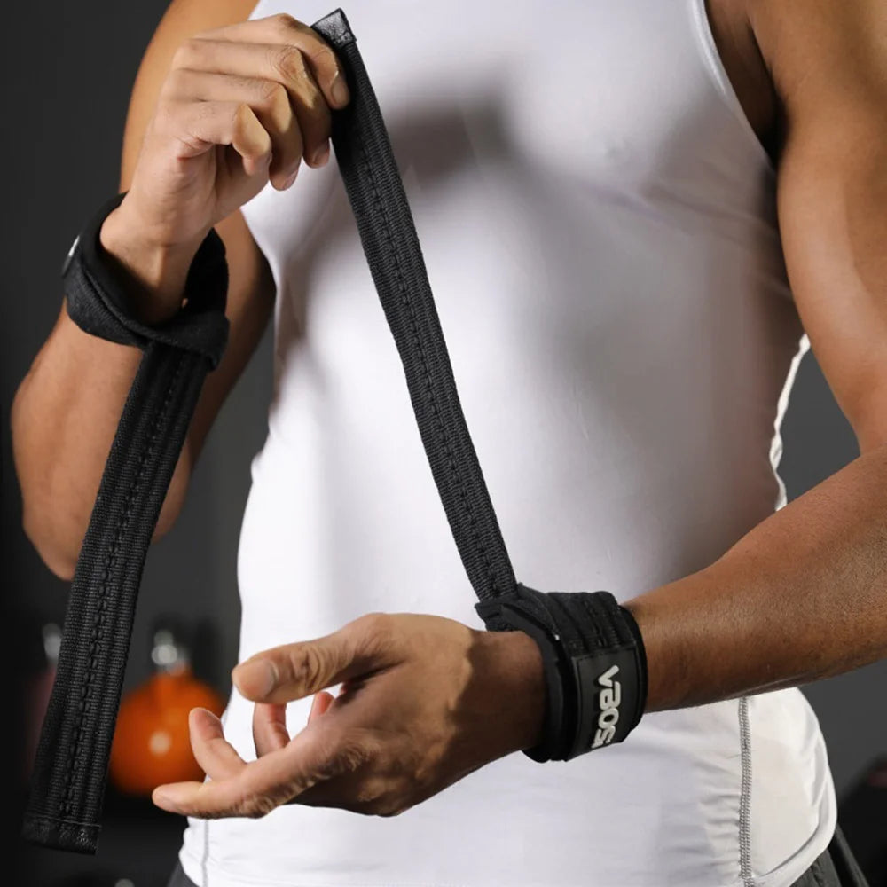 VBOSI 0404V 1 Pair Lifting Straps 6mm Padded Gym Wrist Wraps Anti-Slip Weight Lifting Grips for Deadlift Pull-ups - Black - 5