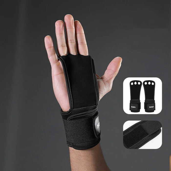 VBOSI 3304V 1 Pair Second-layer Cowhide 3-Hole Grips with Wrist Support Weightlifting Gloves for Deadlift Pull-up Gym Training - M Black - 1