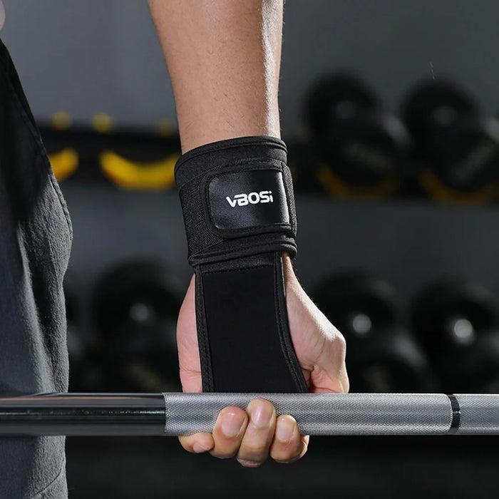 VBOSI 3304V 1 Pair Second-layer Cowhide 3-Hole Grips with Wrist Support Weightlifting Gloves for Deadlift Pull-up Gym Training - M Black - 4