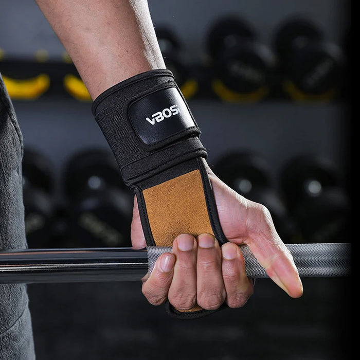 VBOSI 3304V 1 Pair Second-layer Cowhide 3-Hole Grips with Wrist Support Weightlifting Gloves for Deadlift Pull-up Gym Training - M Black - 6