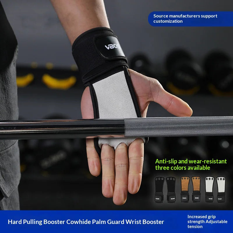 VBOSI 3304V 1 Pair Second-layer Cowhide 3-Hole Grips with Wrist Support Weightlifting Gloves for Deadlift Pull-up Gym Training - M Black - 7