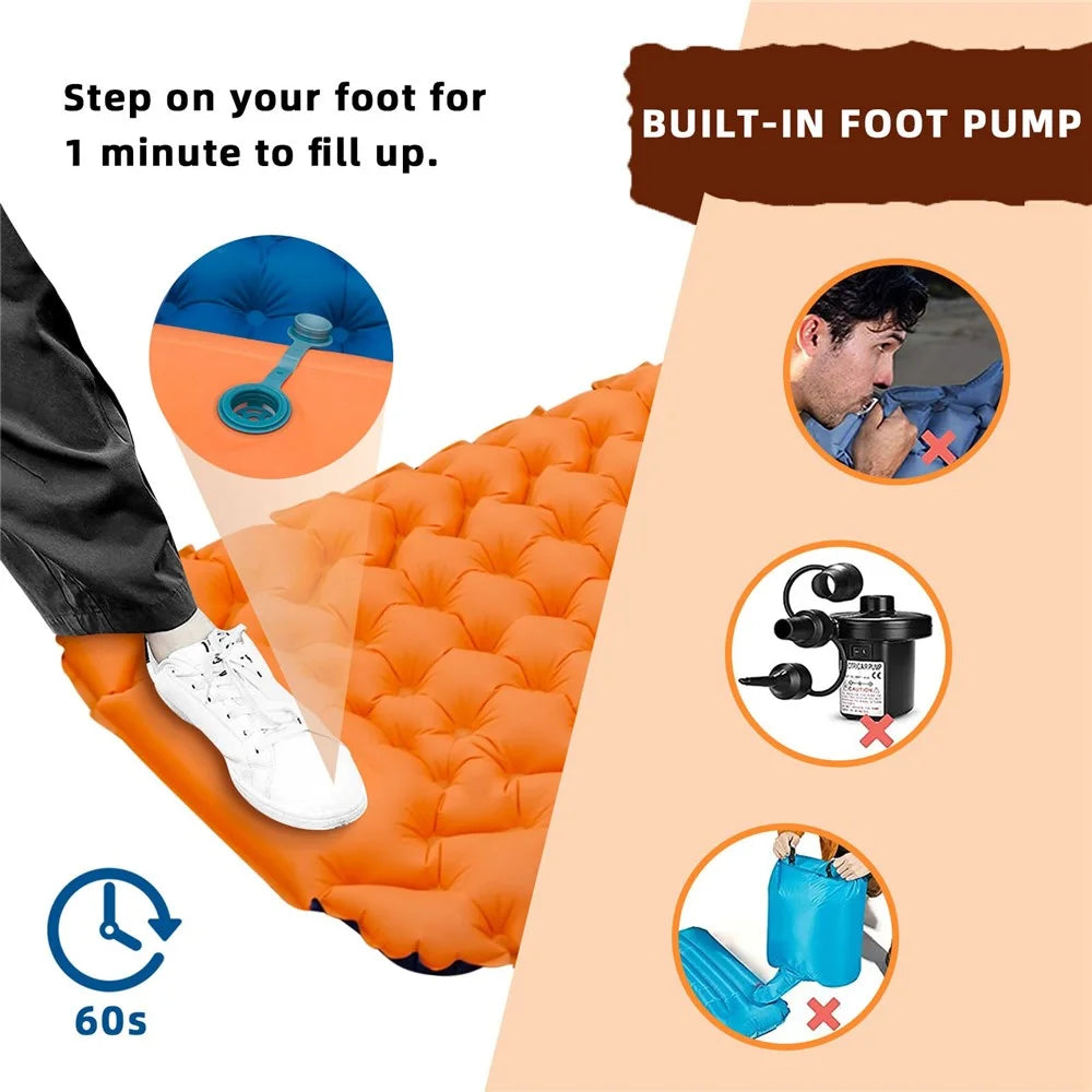 Wave Shape Design Outdoor Camping Mat Foot Stepping Inflation Portable Waterproof Air Mattress with Pillow - Orange - 5