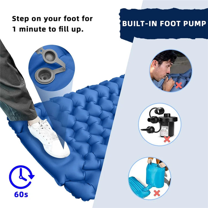 Foot Pump Portable Sleeping Pad Outdoor Camping Hiking Inflatable Air Mattress with Pillow - Blue - 4