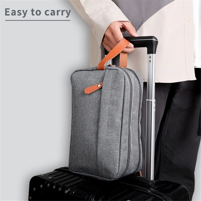 Portable Men Toiletry Wash Bag Cationic Fabric Dual Layer Travel Handbag Organizer - Grey - 3