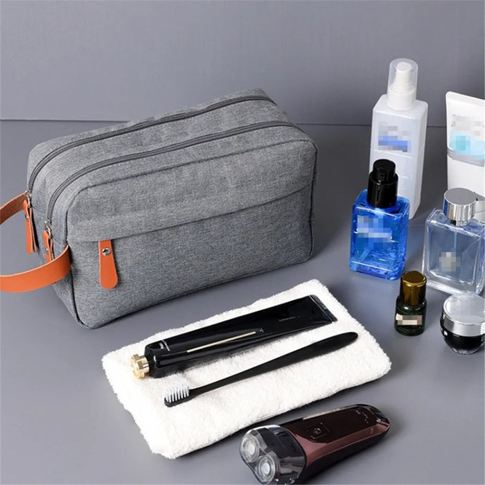 Portable Men Toiletry Wash Bag Cationic Fabric Dual Layer Travel Handbag Organizer - Grey - 6