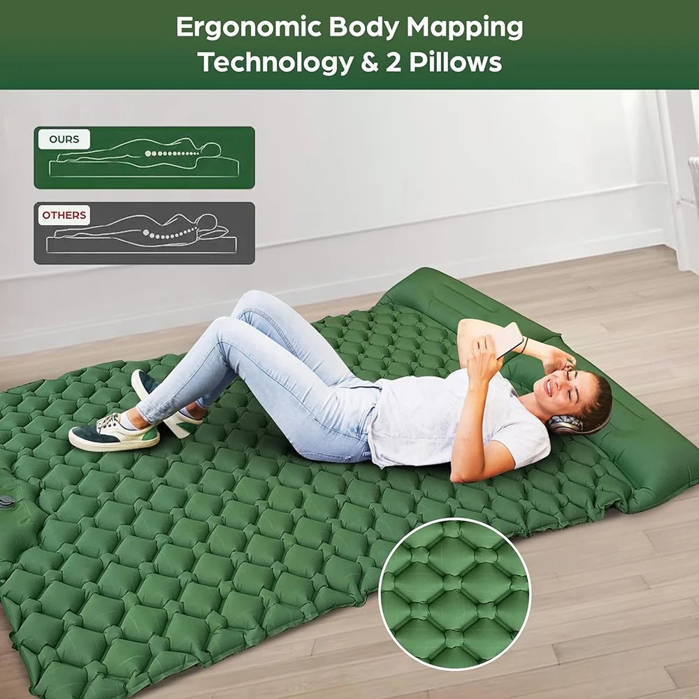 GM-SR01 Double Sleeping Mat 190x122cm Inflatable Camping Mattress Built-in Pump with Pillows - Green - 2