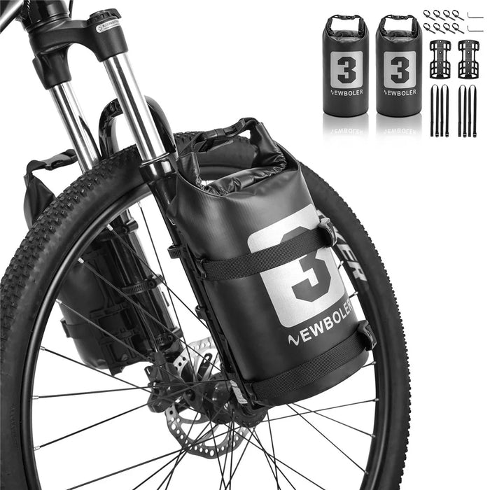 NEWBOLER 2 Bike Front Fork Pannier Bags (3L) + 2 Front Fork Racks + 4 Adjustable Straps + 8 Fixing Straps - 6