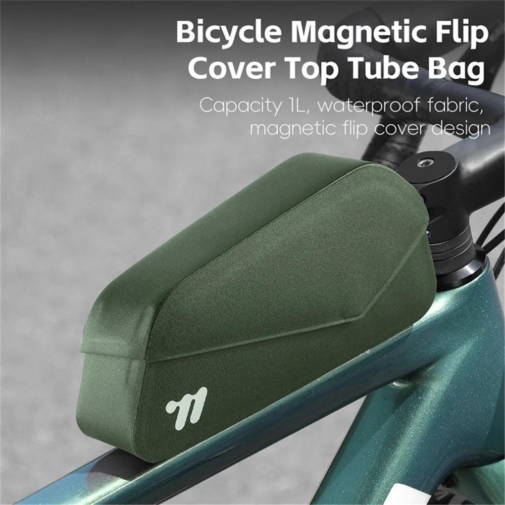 WEST BIKING YP0707385 Bicycle Top Tube Bag Magnetic Flip Cover Design Bike Front Beam Storage Bag - Olive Green - 2