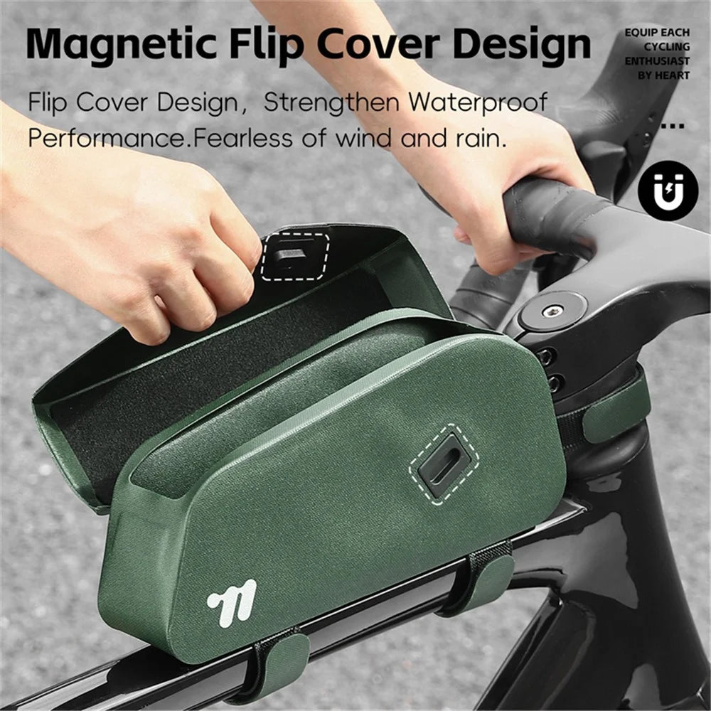 WEST BIKING YP0707385 Bicycle Top Tube Bag Magnetic Flip Cover Design Bike Front Beam Storage Bag - Olive Green - 3