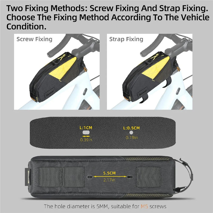 RHINOWALK BHD0014YE Bicycle Top Tube Bag Bike Front Beam Nylon Storage Bag, Support Screw / Strap Installation - Black+Yellow - 6