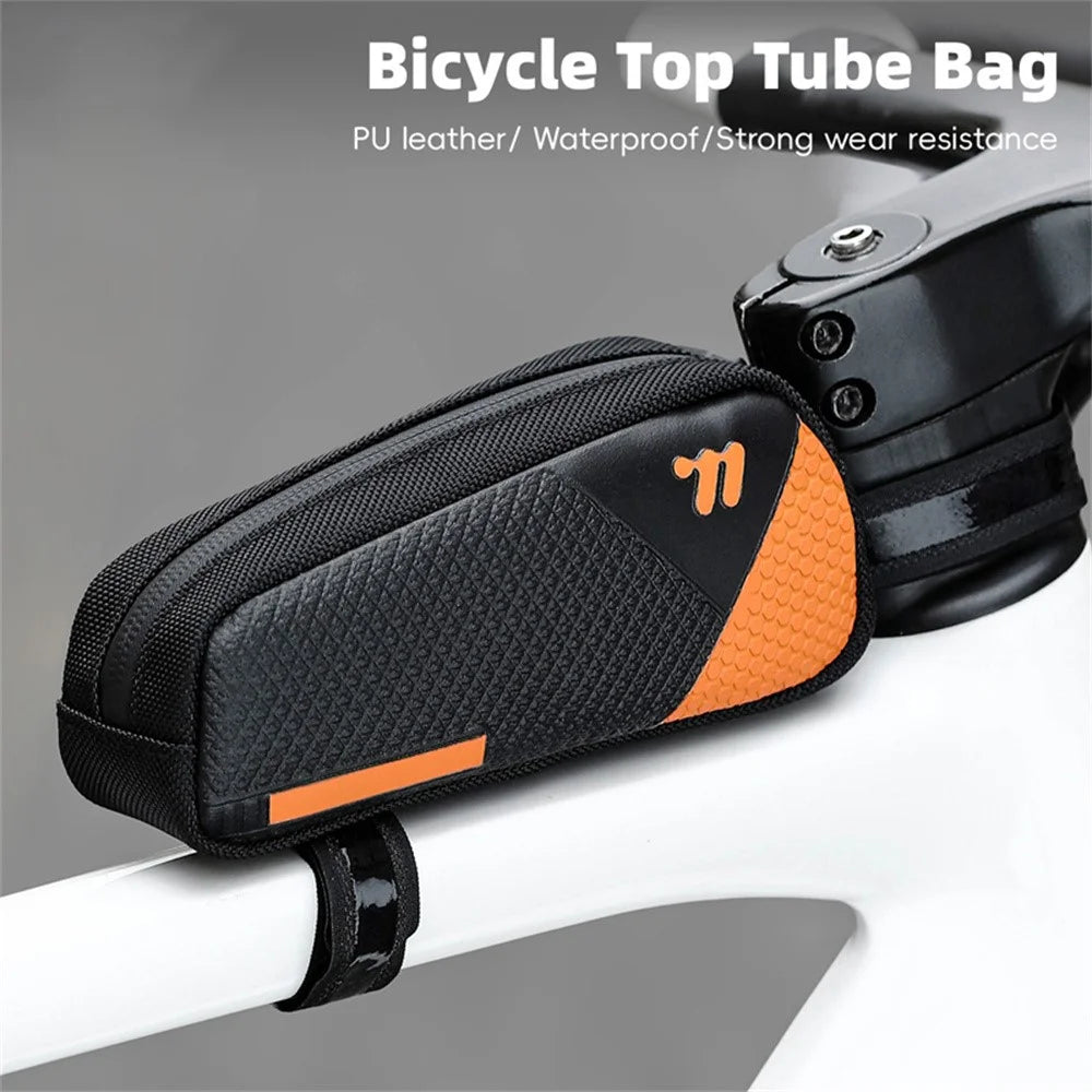 WEST BIKING YP0707414 3D Embossing PU Leather Bicycle Top Tube Bag Waterproof Bike Frame Bag - Black  /  Orange - 2