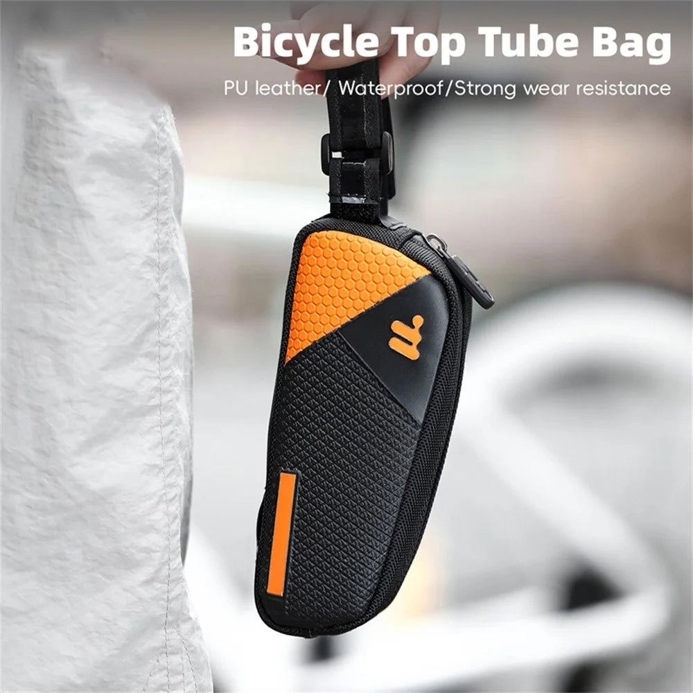 WEST BIKING YP0707414 3D Embossing PU Leather Bicycle Top Tube Bag Waterproof Bike Frame Bag - Black  /  Orange - 3