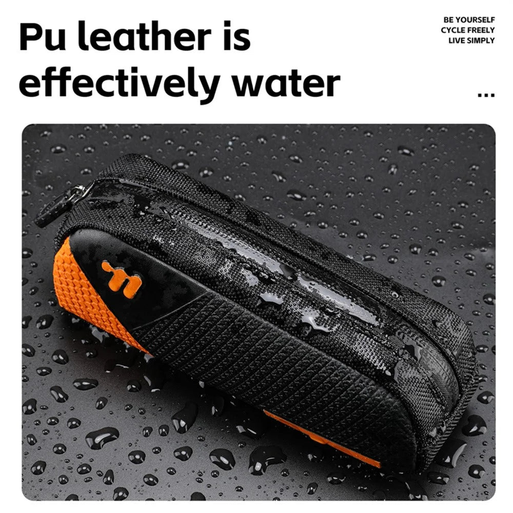 WEST BIKING YP0707414 3D Embossing PU Leather Bicycle Top Tube Bag Waterproof Bike Frame Bag - Black  /  Orange - 5