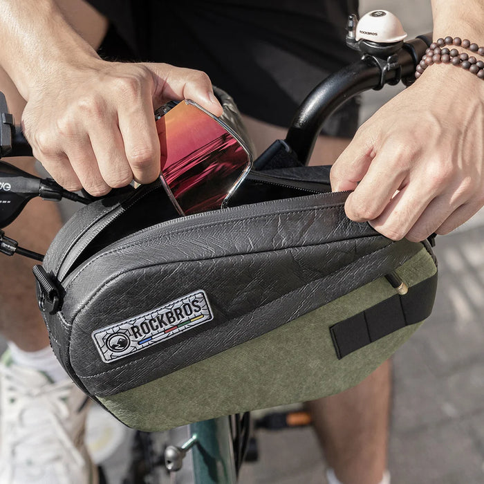 ROCKBROS Bike Handlebar Bag 2.5L Waterproof Bicycle Front Bag Shoulder Bag Storage Pouch - Black-Green - 4