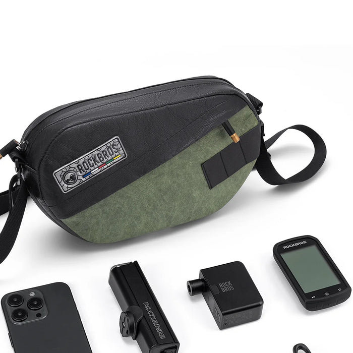 ROCKBROS Bike Handlebar Bag 2.5L Waterproof Bicycle Front Bag Shoulder Bag Storage Pouch - Black-Green - 6
